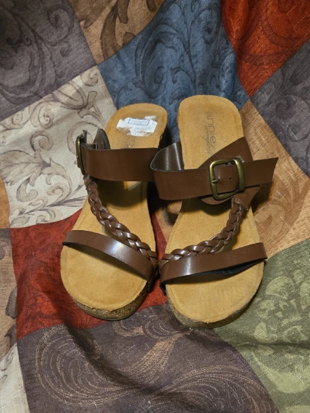 Annie Brown Braided-Strap Cork-Style Wedge Sandals